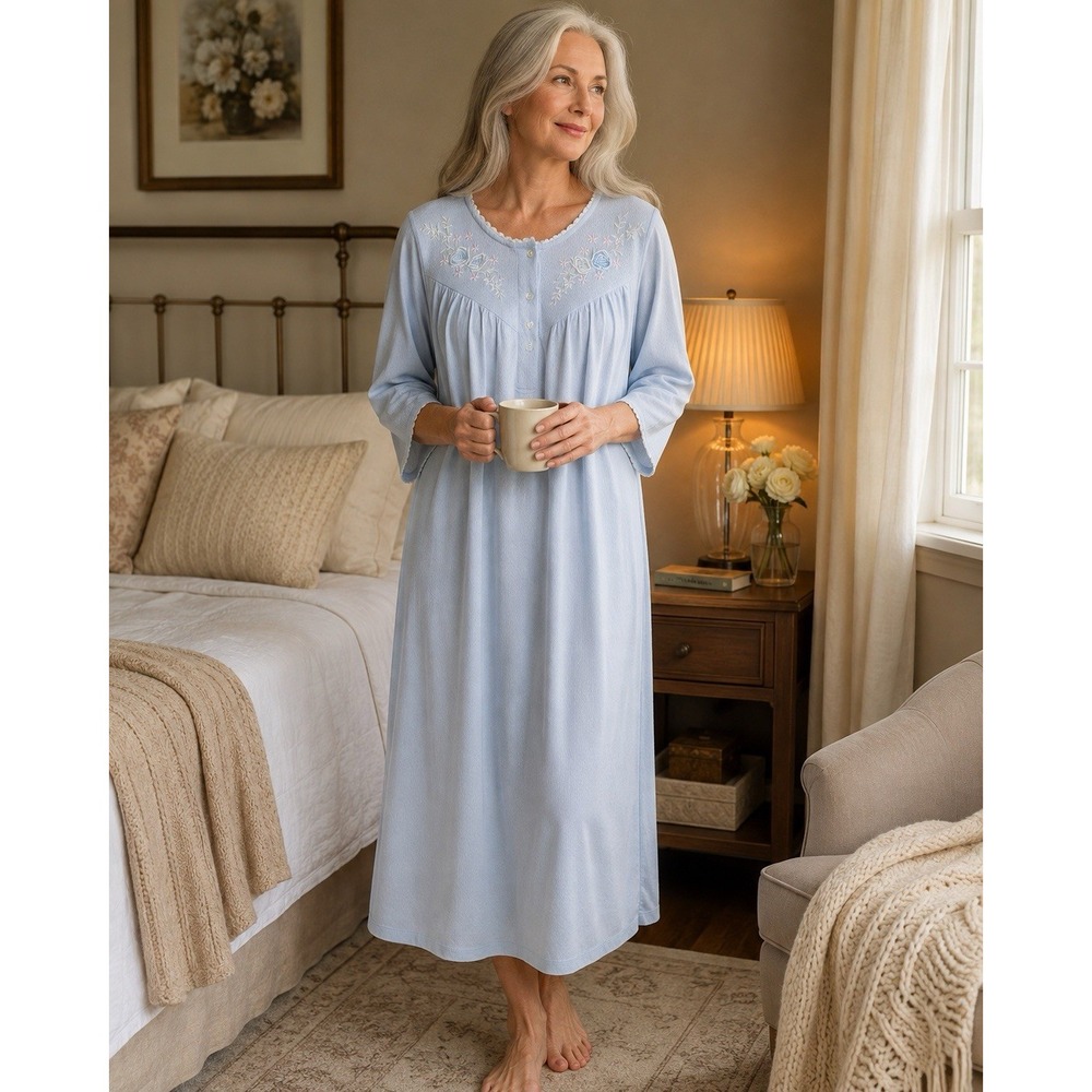 Miss Elaine Blue Embroidered Long Nightgown Women's M Long Sleeve Lounger